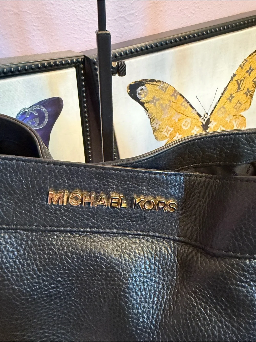 Michael Kors Black Pebbled Leather Shoulder Bag with Gold Chain Straps